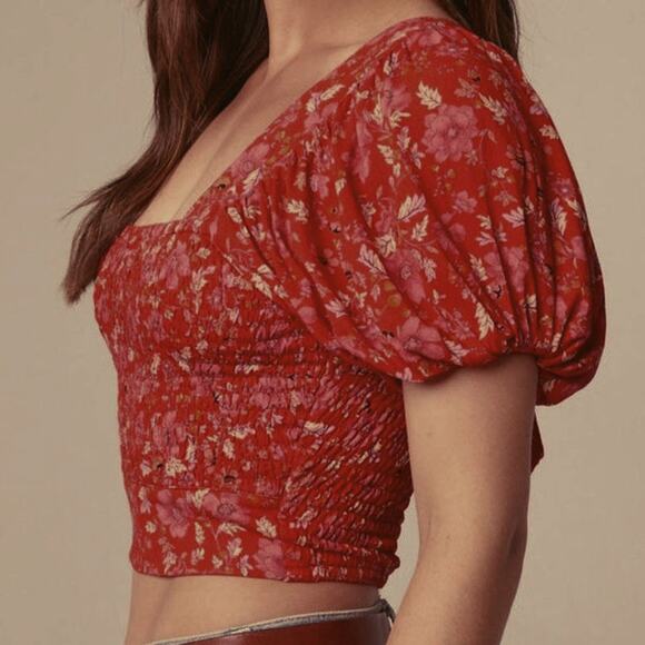 NWT Band of the Free Joelle Floral Smocked Crop Top Sz. L [12] Crimson Pink - Picture 4 of 10